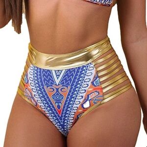 NWOT African Tribal Print Gold Metallic Strappy High Waisted Bikini Bottom